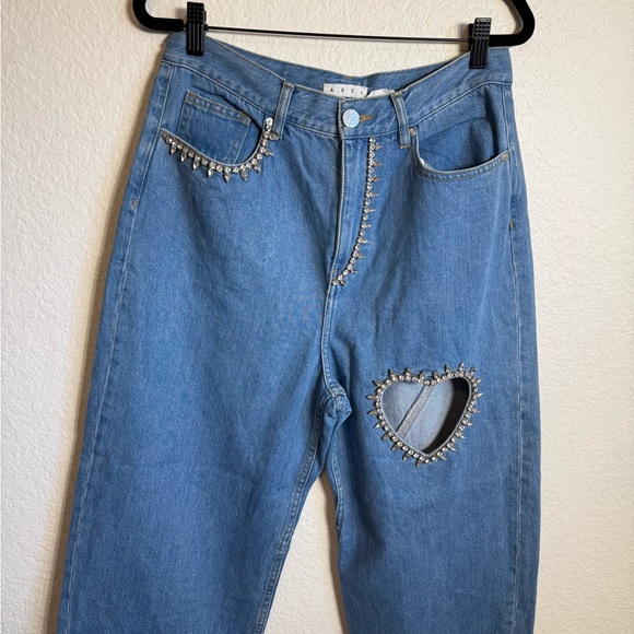 AREA Blue Crystal Heart Cutout Cropped Jeans - Picture 7 of 15